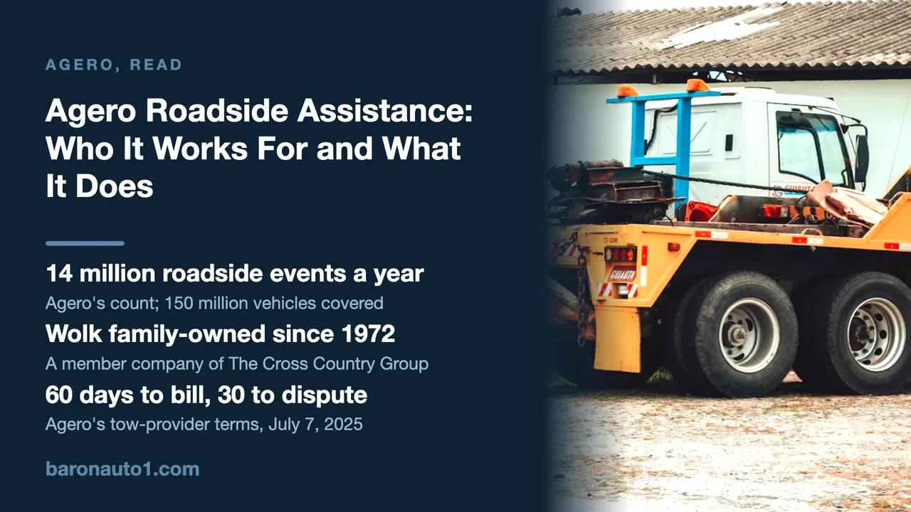 Brand panel beside a flatbed tow truck parked by a shed