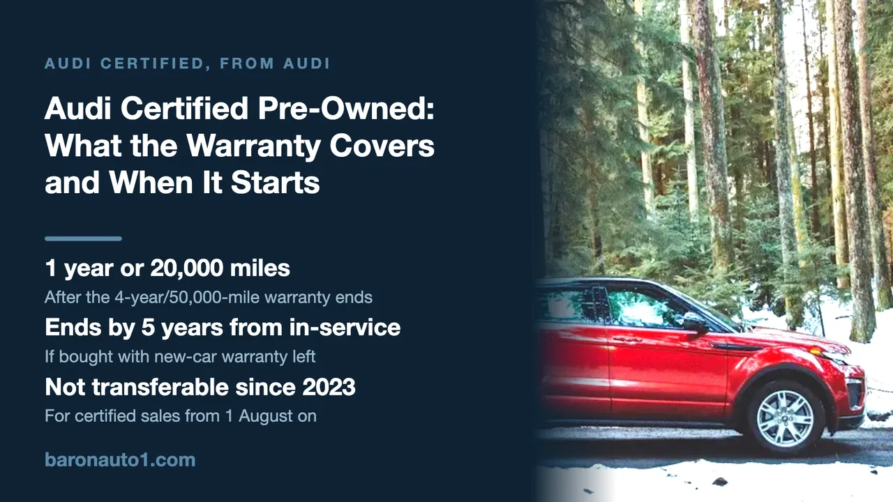 Brand panel beside a red compact SUV parked on a snowy forest road