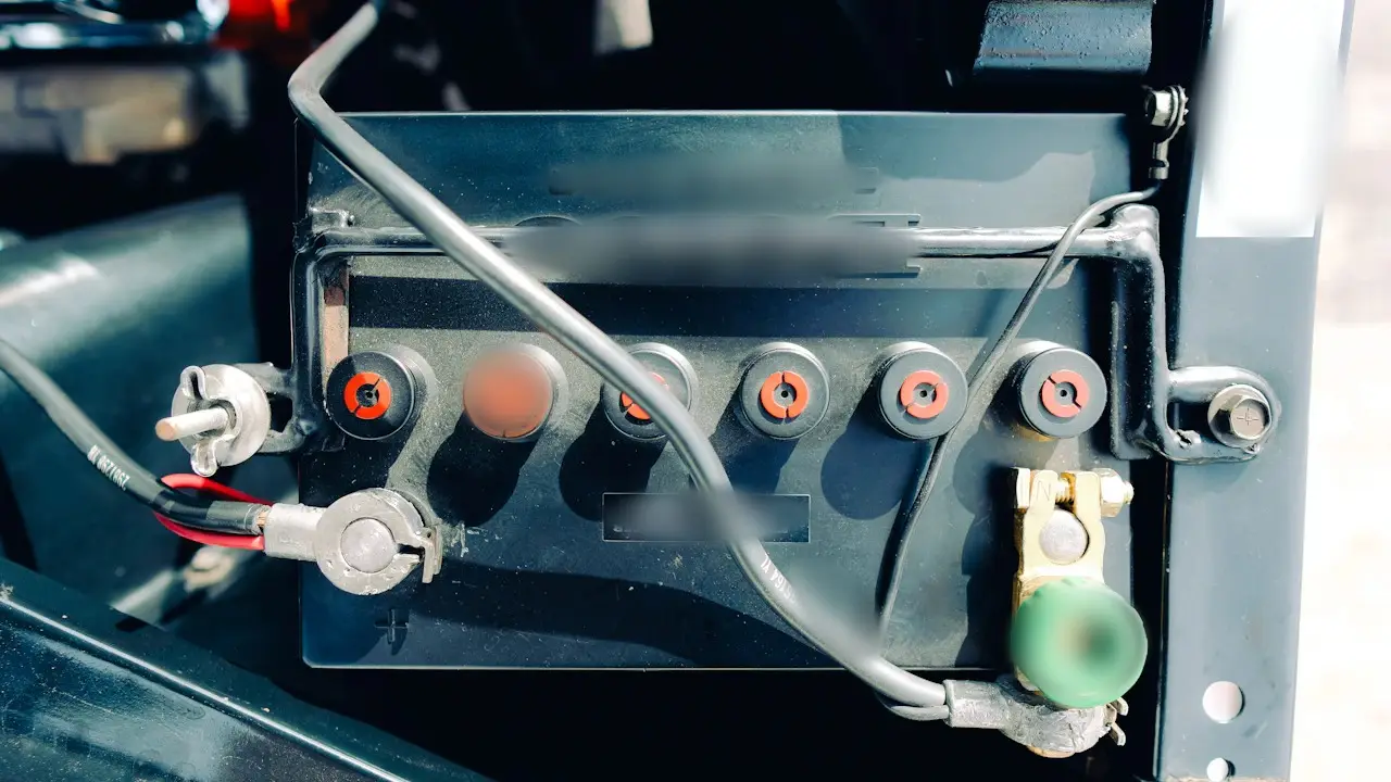 A car battery in its tray with both terminal clamps, a hold-down bracket and a label sticker.