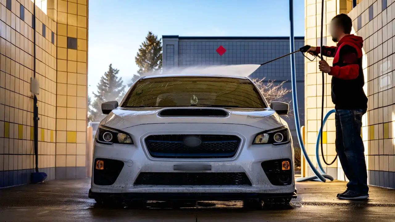 A sedan being sprayed in a wash bay, seen from the front.