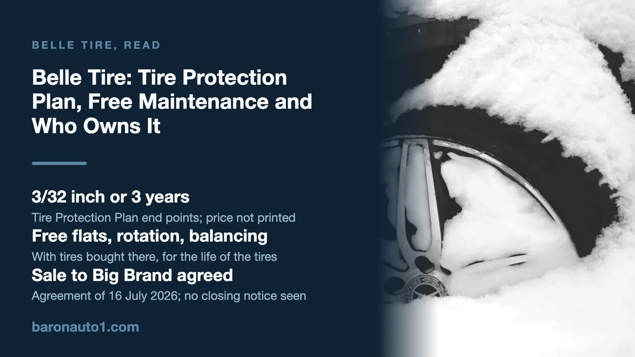 Brand panel beside a snow-covered tire and alloy wheel