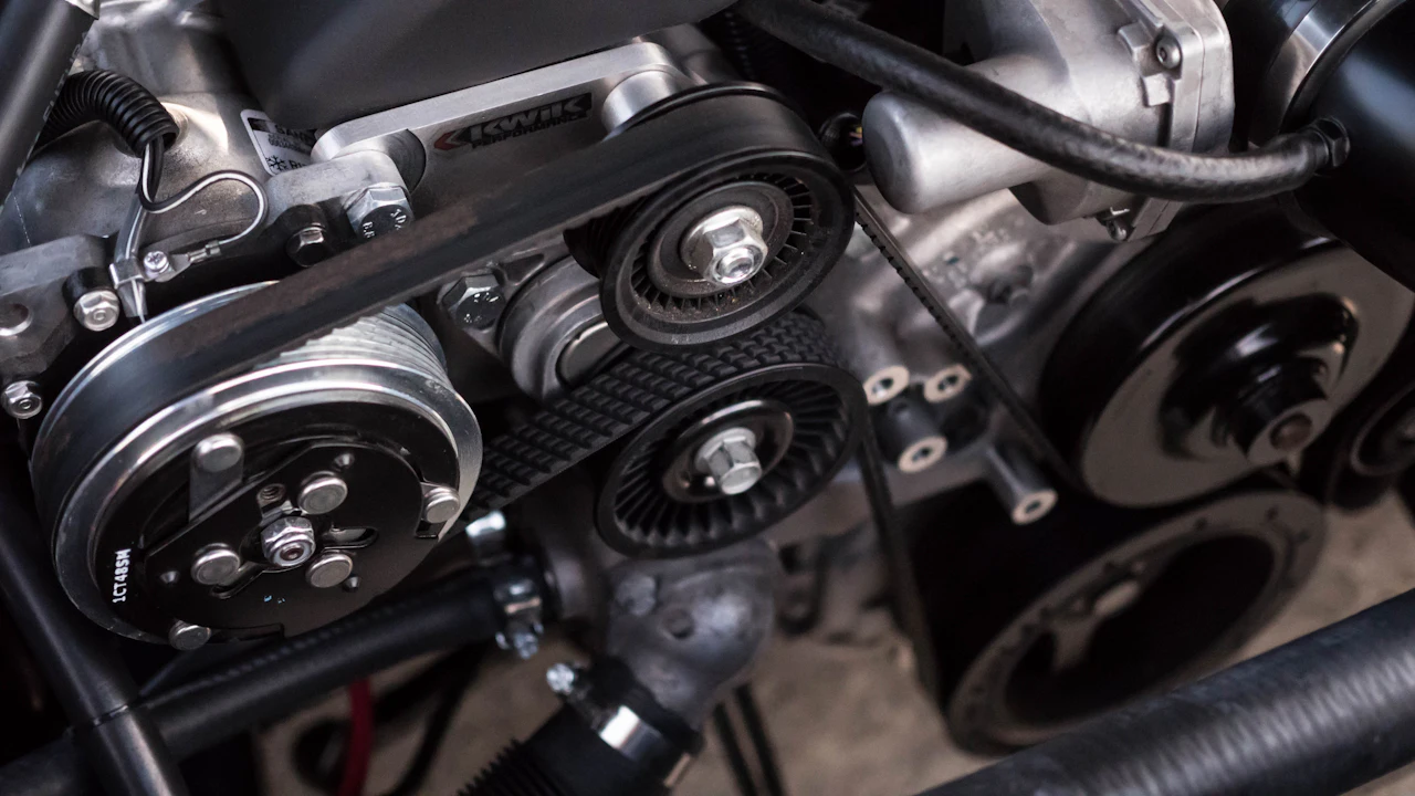 A serpentine belt running over the pulleys and idlers on the front of an engine, photographed close up