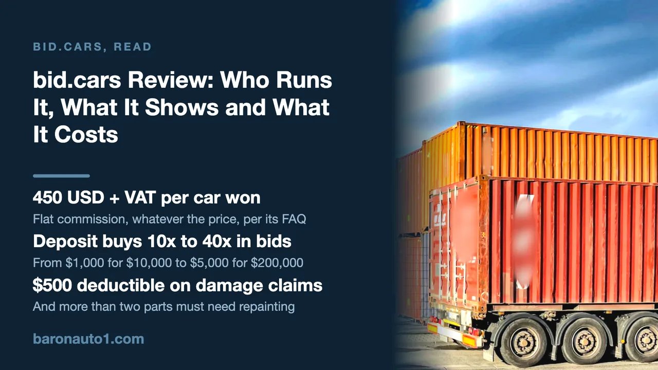 Brand panel beside shipping containers and a container truck at a port