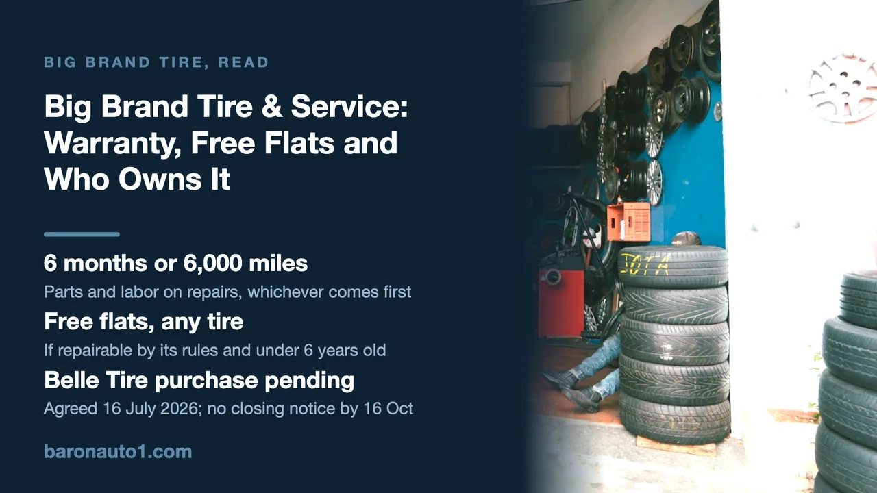 Brand panel beside an open tire shop with stacked tires