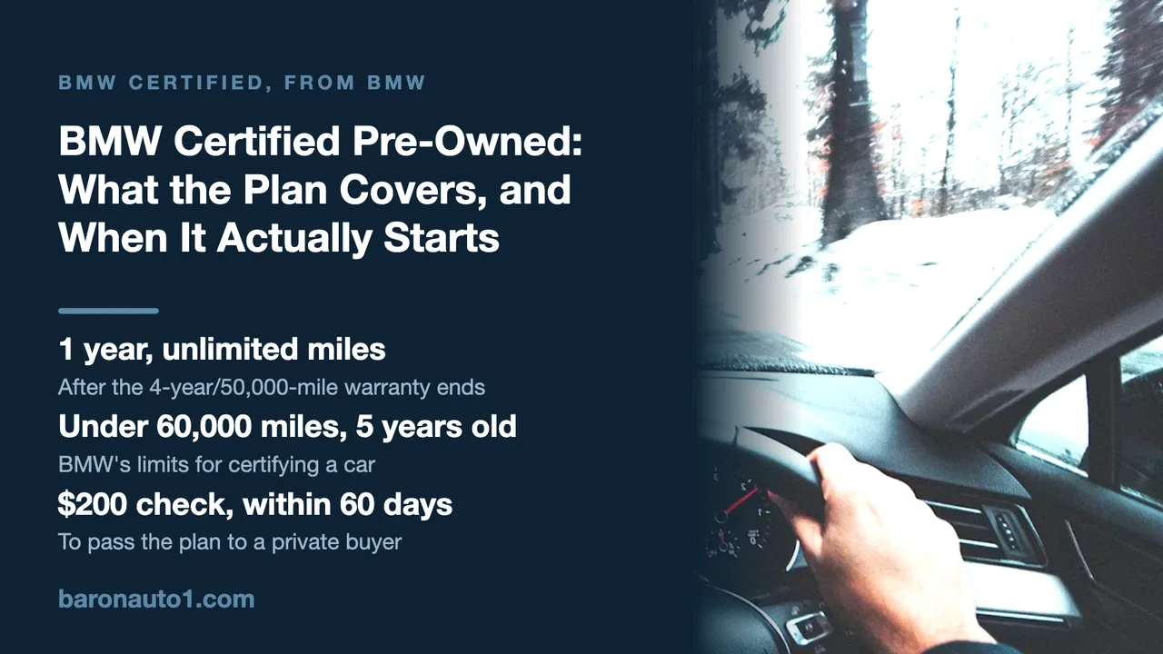 Brand panel beside a driver's hand on the steering wheel of a car on a snowy forest road