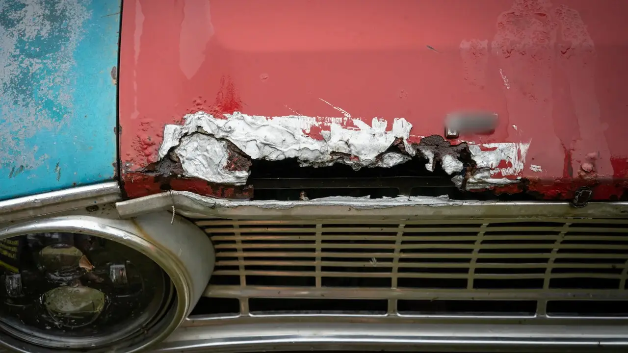 An old car's front panel with peeling paint and rust above the grille.