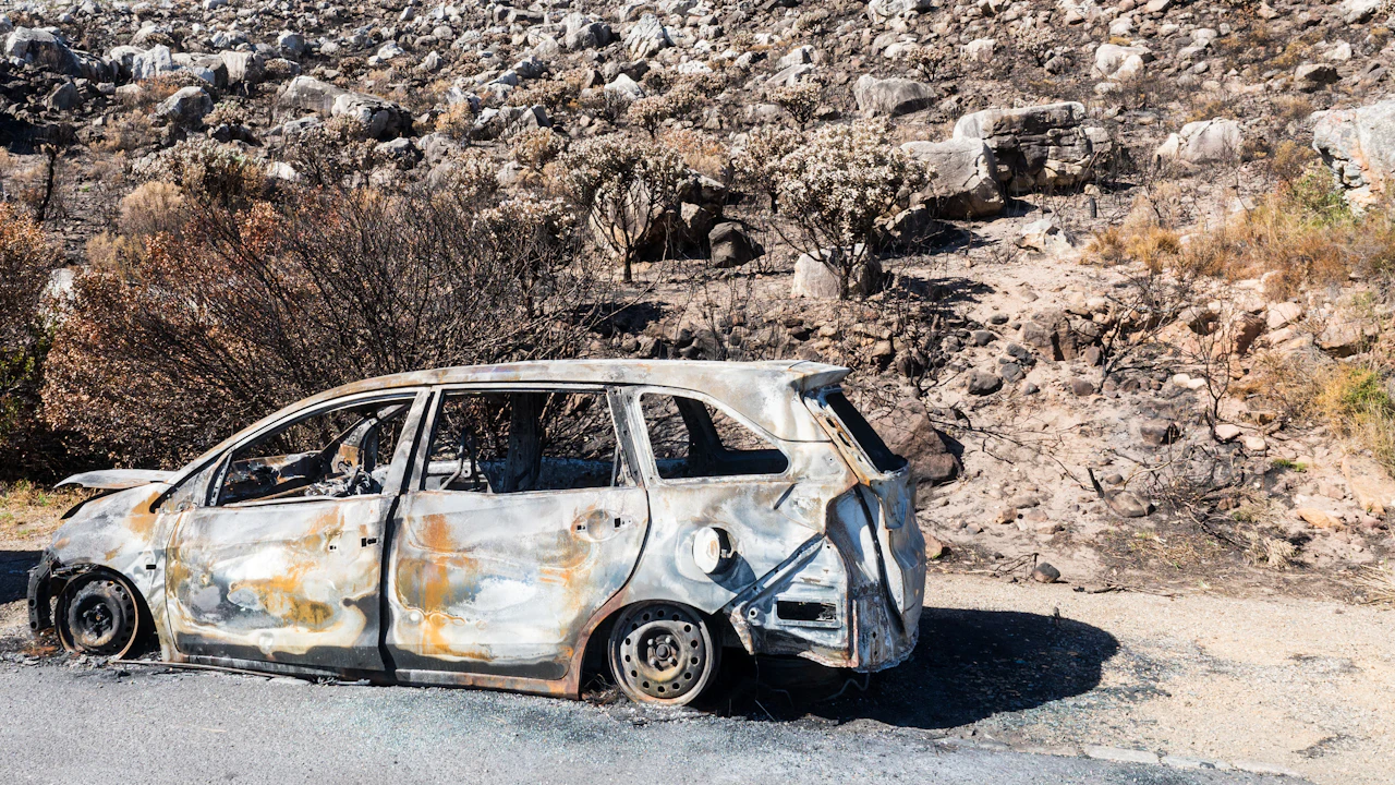 A burnt-out, rusted hatchback shell abandoned on a desert roadside, its windows gone and its panels scorched and corroded, dry scrub and rock behind.