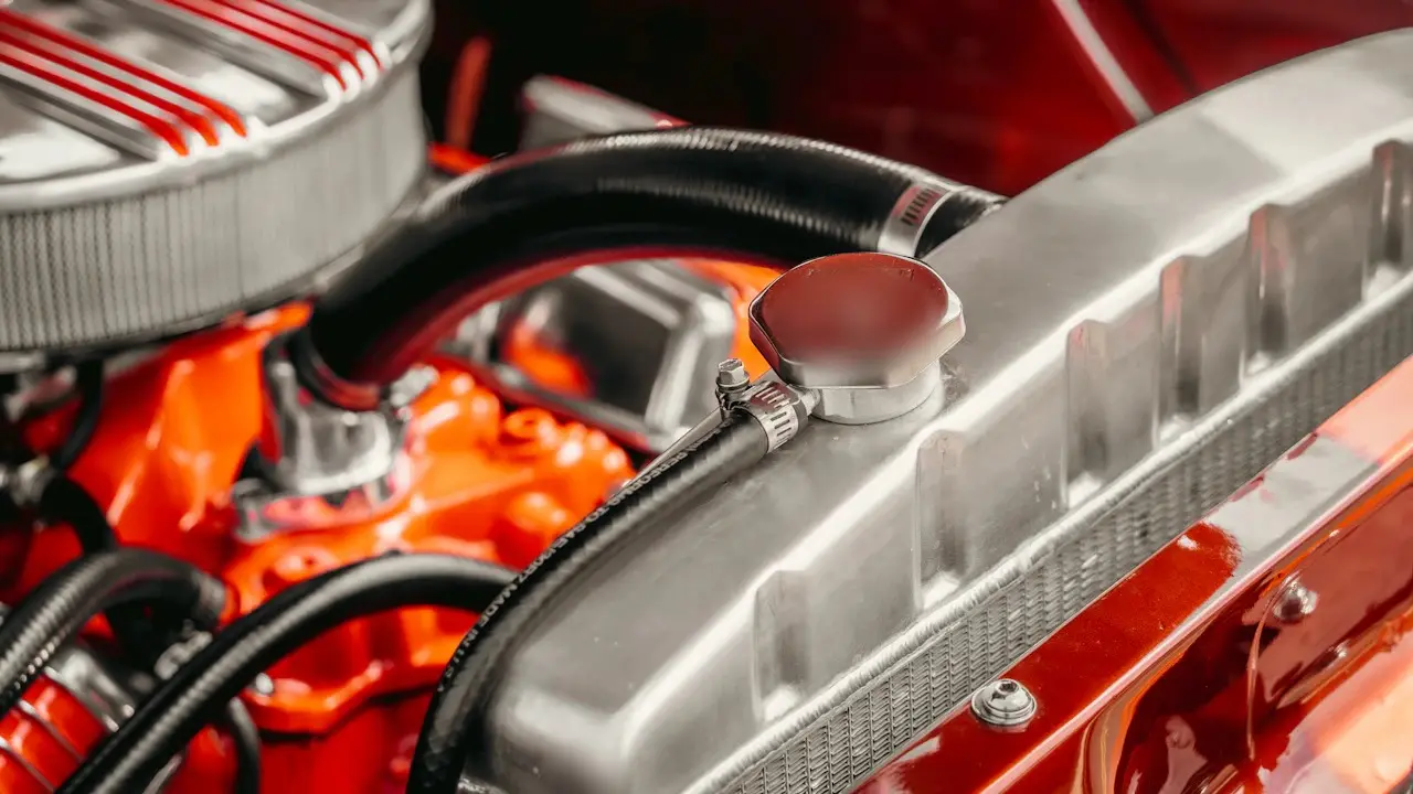 A V8 engine's polished valve cover with its oil filler cap.