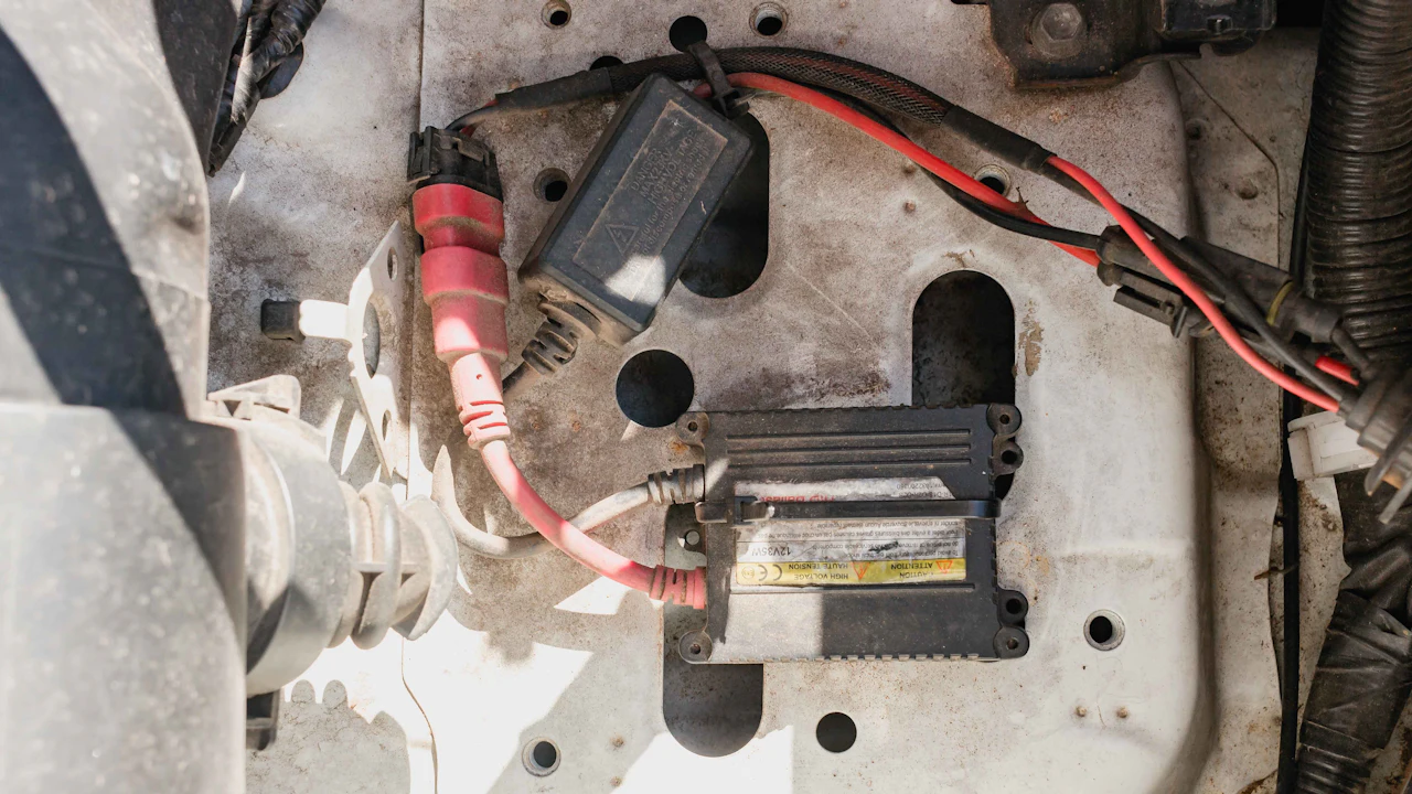 Looking down into a car's engine compartment at a bare metal inner wing: a black electronic control box with warning labels, a smaller sealed module, red and black power cables and a braided wiring loom.