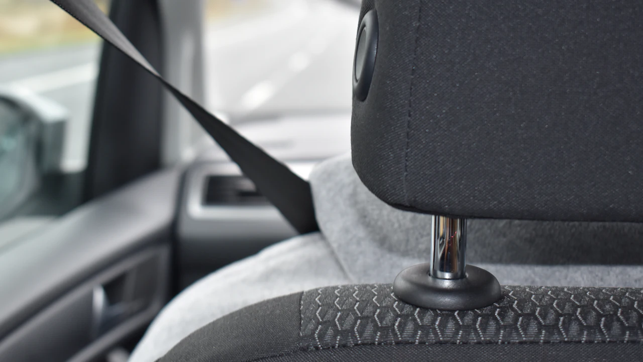 The inside of a car seen from behind the driver's seat: a seat belt running diagonally from the pillar, the back of a fabric headrest on a chrome post, and the door panel and window beyond.