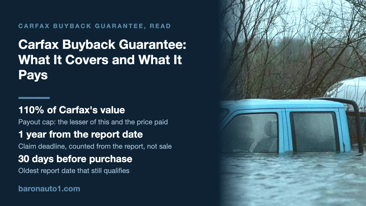 Brand panel beside a pickup truck submerged to its windows in floodwater, a caravan behind it