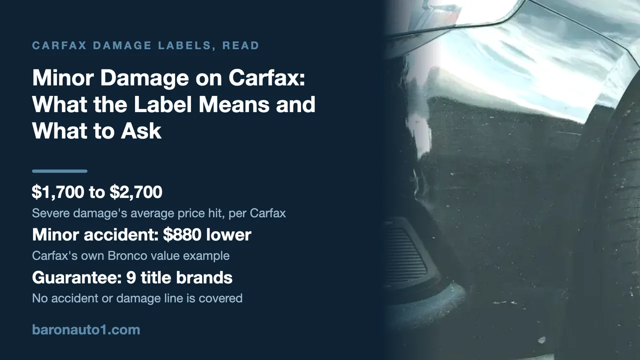 Brand panel beside the scuffed front bumper corner and wheel of a dark sedan