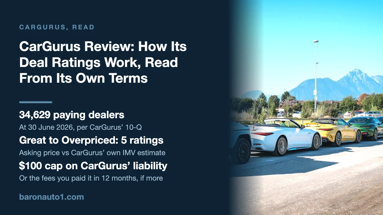 Brand panel beside a line of convertibles and SUVs parked along a road under mountains
