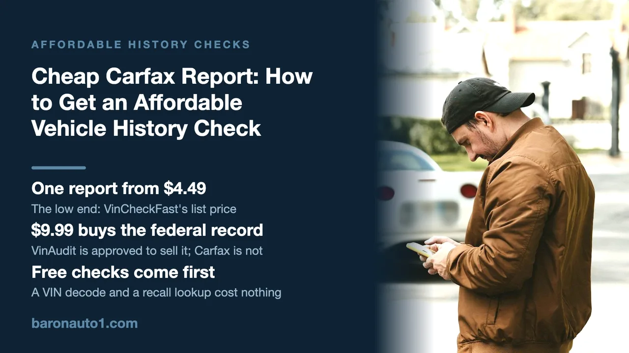 Brand panel on affordable vehicle history checks beside a man checking his phone behind a parked white car