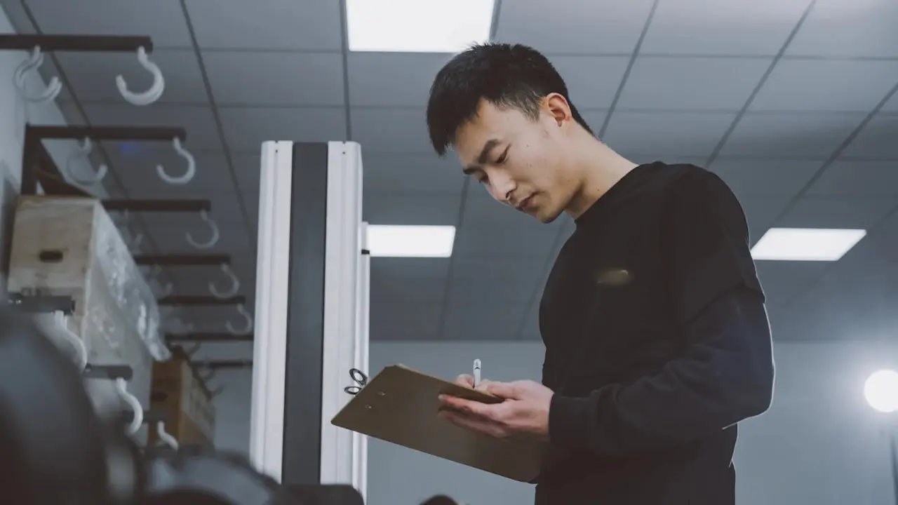 A man writing on a clipboard in a workshop.