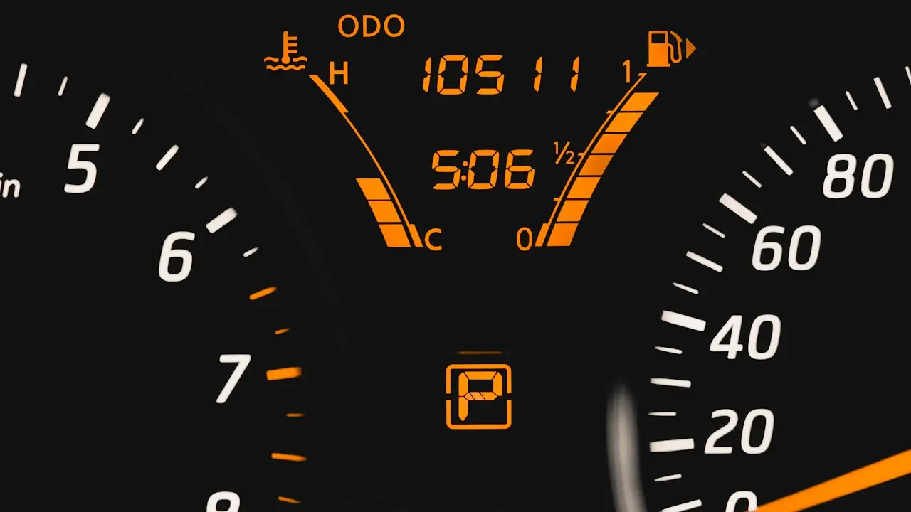 A car’s lit instrument cluster with the odometer, clock and gear indicator.