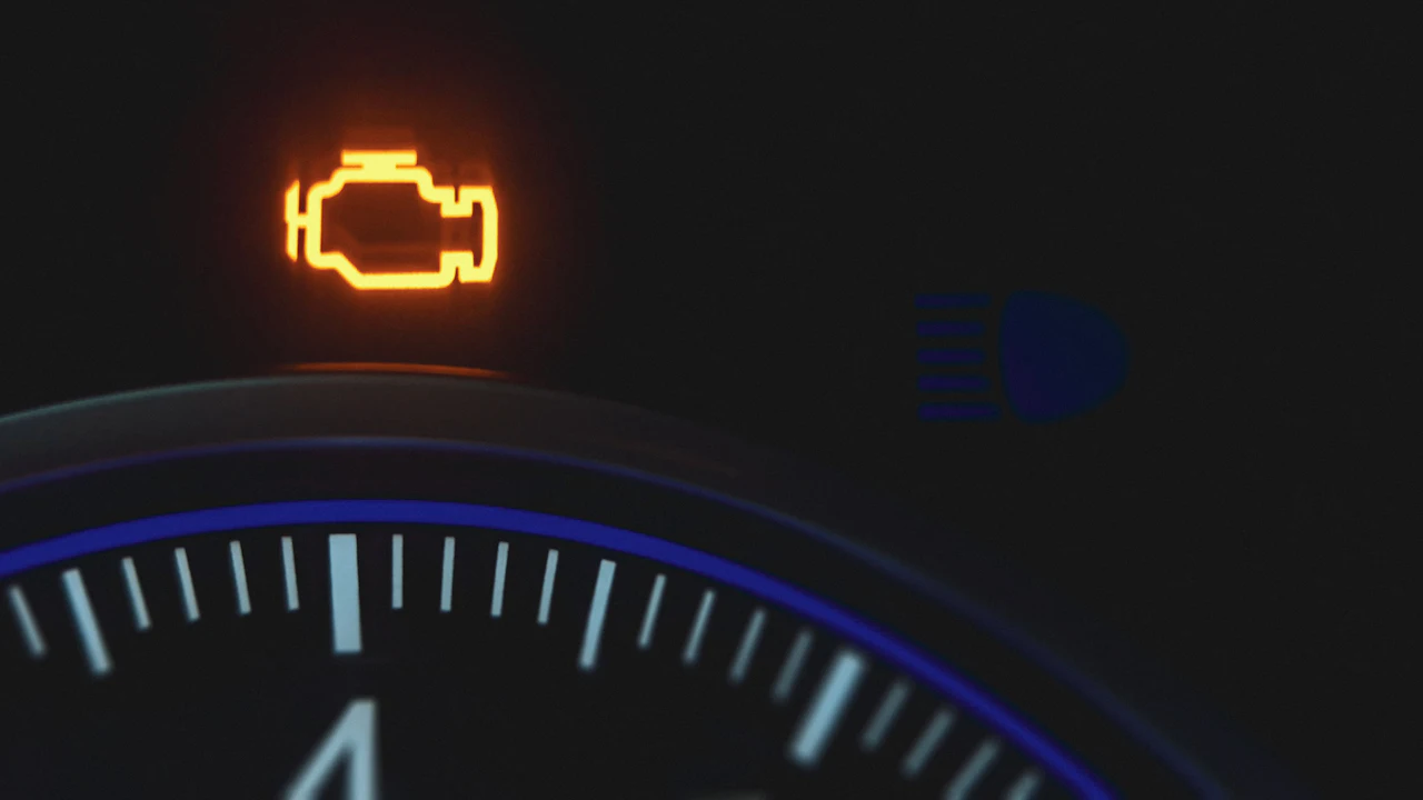 A car's instrument cluster at night: an amber engine warning light above the lit scale of a speedometer.