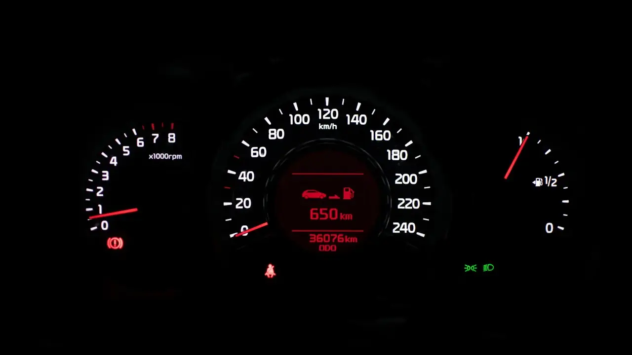 A lit instrument cluster at night: tachometer, speedometer, fuel gauge, odometer and warning lights.