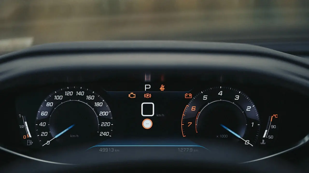 A car’s instrument cluster lit up, with amber warning lights and the odometer.