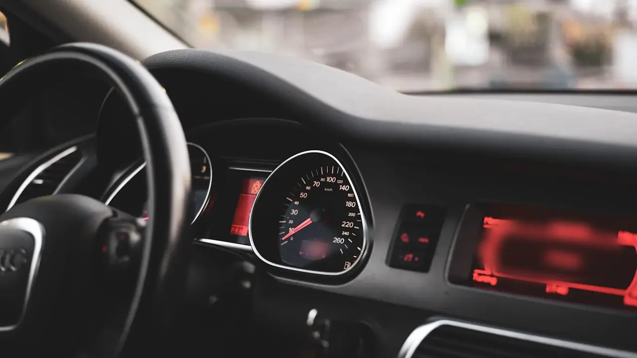 A lit instrument cluster and steering wheel in a car's cockpit.