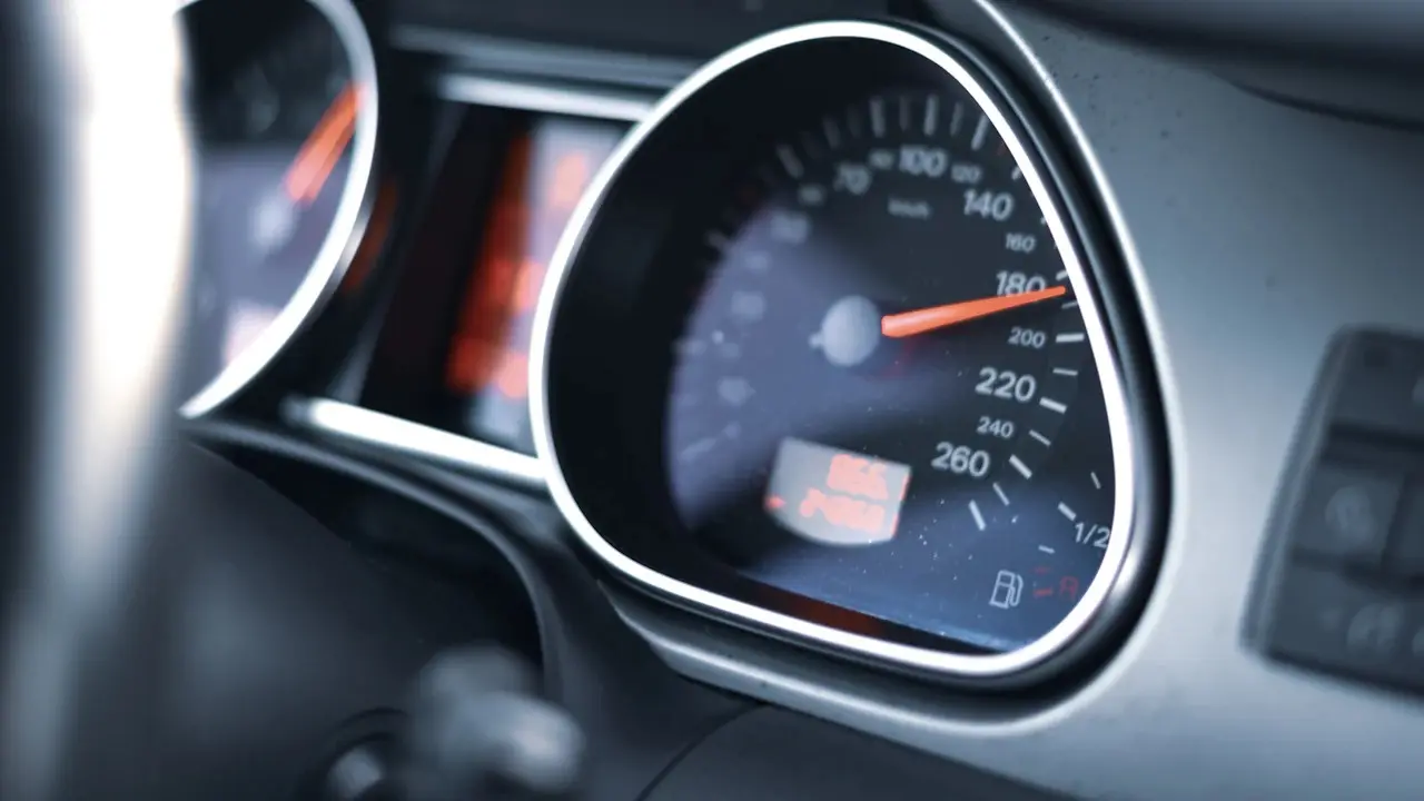 A lit car instrument cluster with a speedometer dial and a digital odometer display.