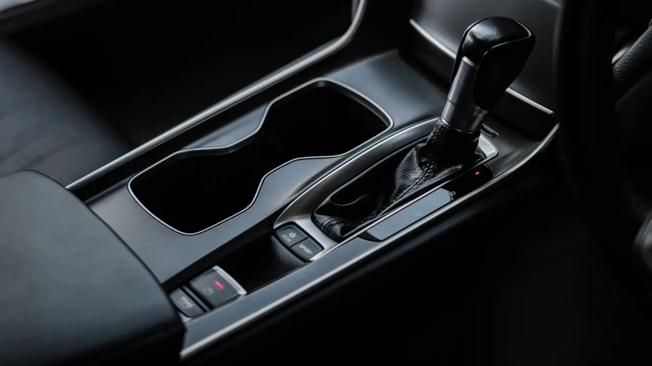 A car's centre console with cup holders and an automatic gear selector.