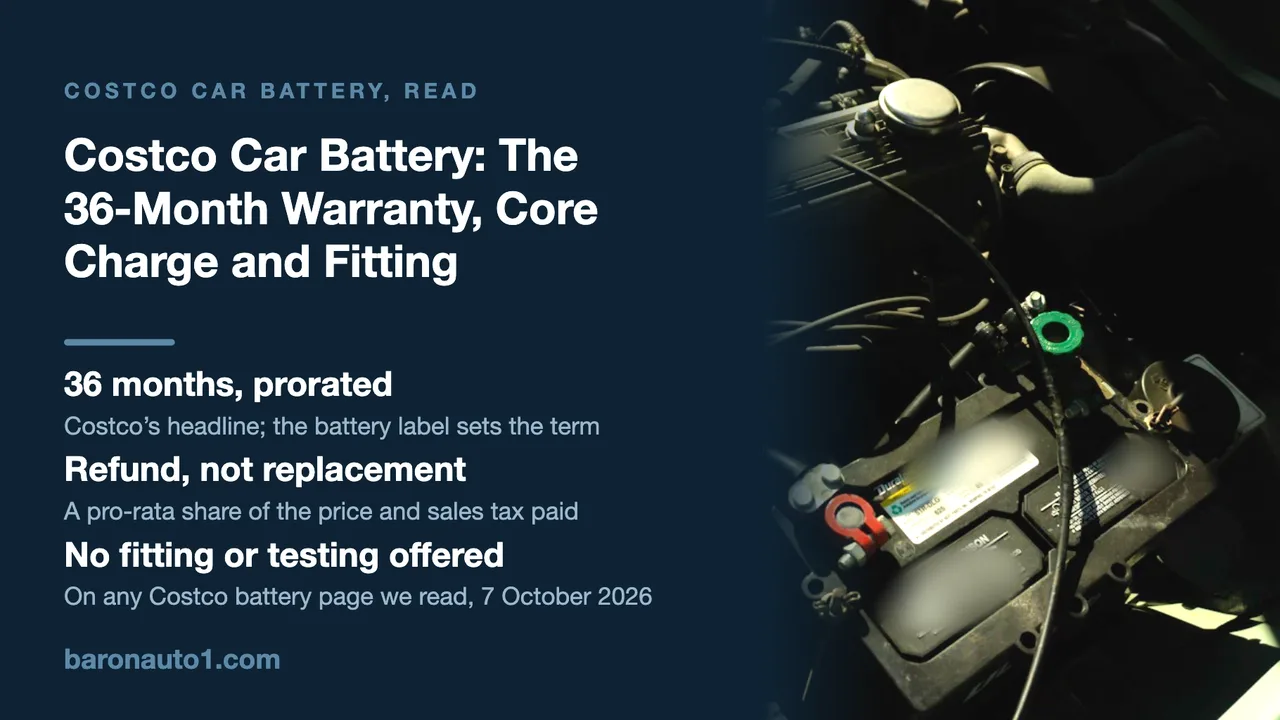 Brand panel beside the battery and engine of an older car under its bonnet