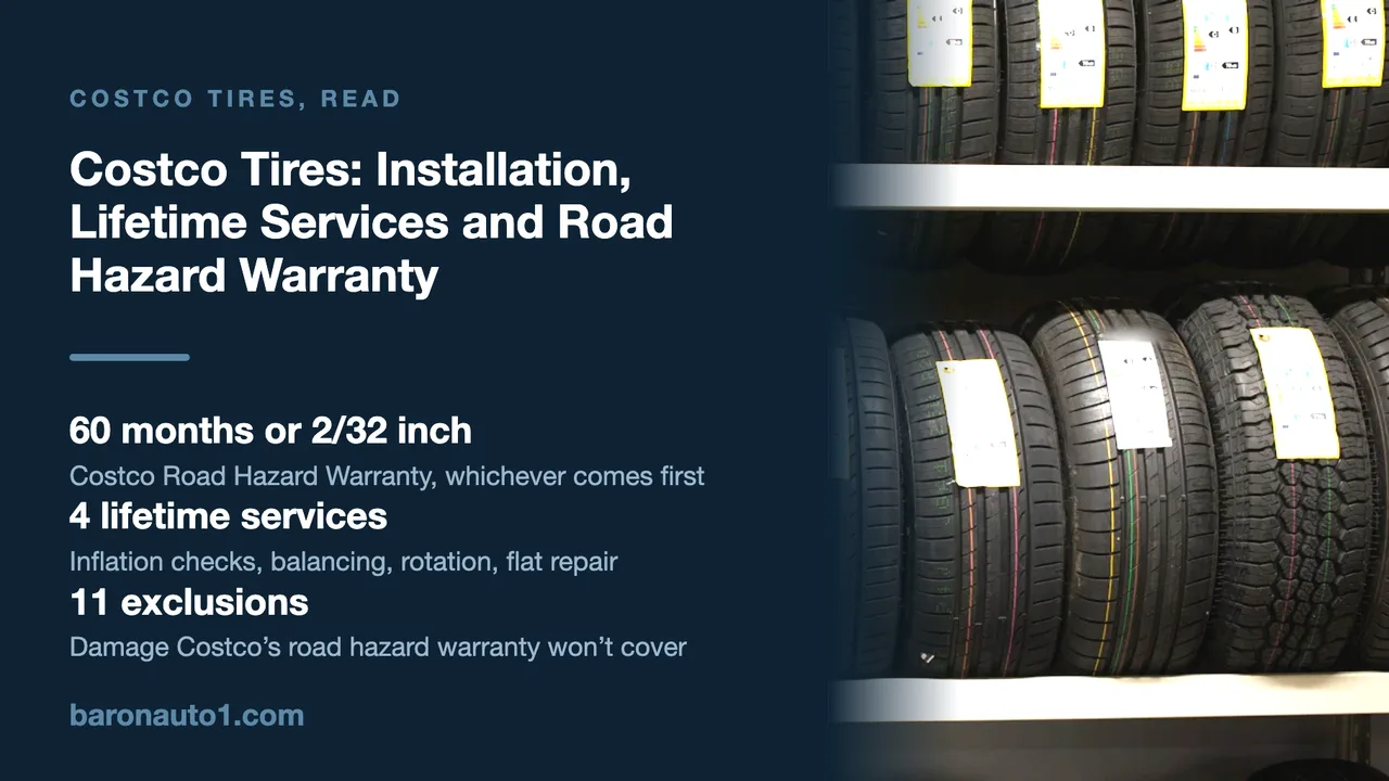 Brand panel beside rows of new tires on a store shelf