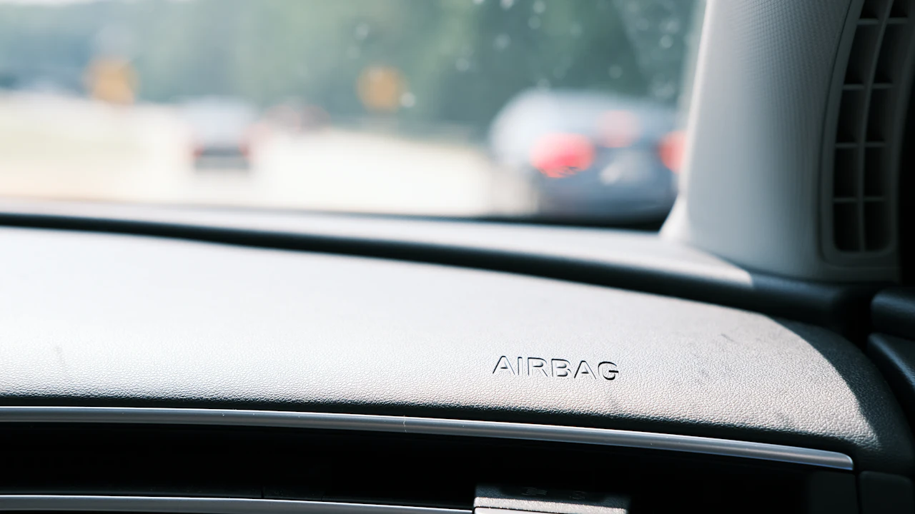 The passenger side of a car dashboard photographed from inside, with the word AIRBAG embossed in the trim panel