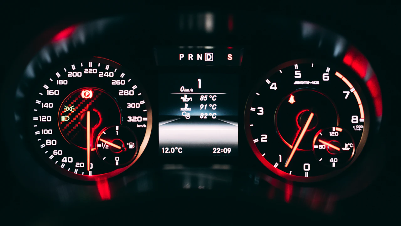 An illuminated car instrument cluster seen from the driver's seat in low light