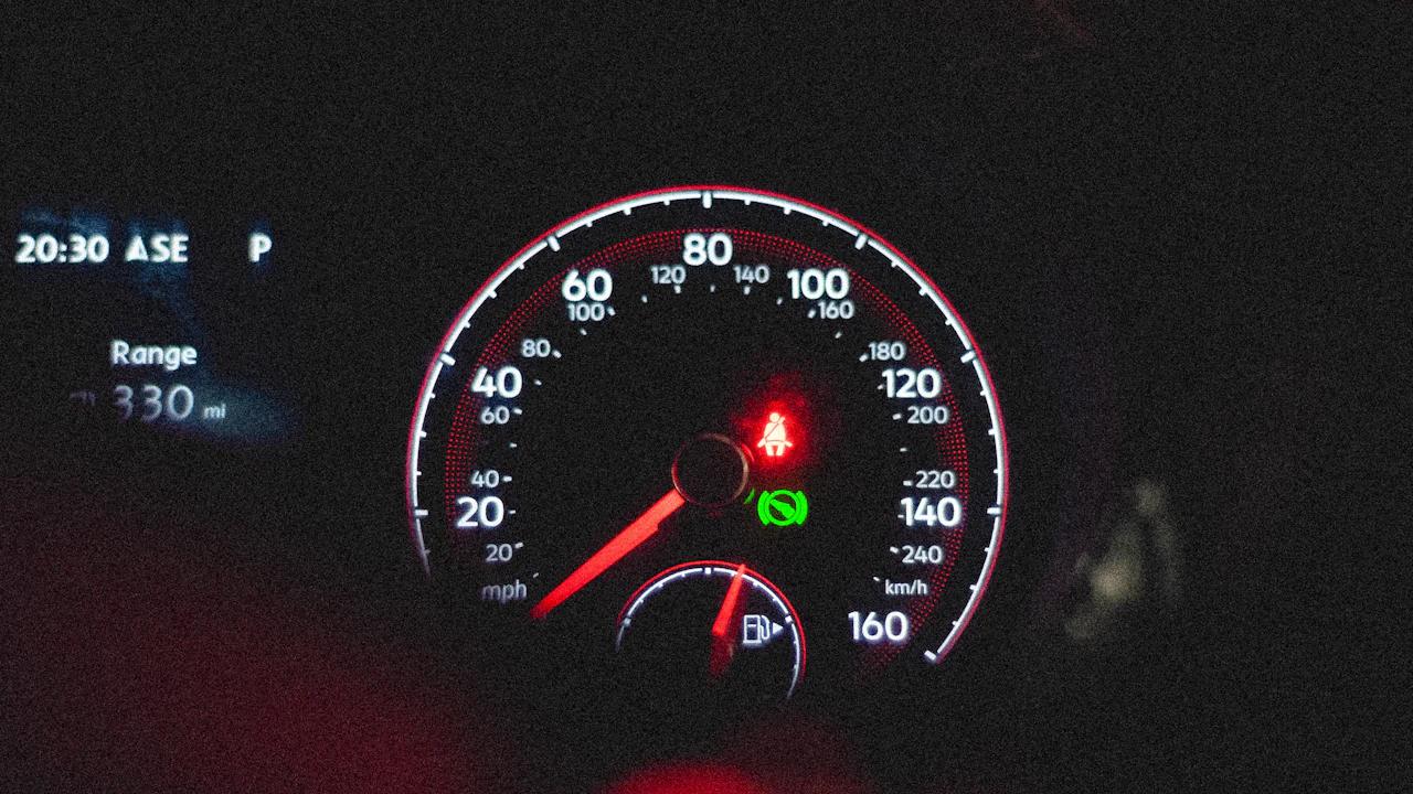 A car's instrument cluster lit at night: the speedometer, a fuel gauge, a range display and red and green warning lights.