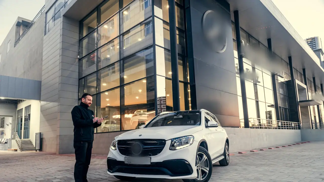 A salesman with a phone beside a white SUV parked outside a glass-fronted car dealership.