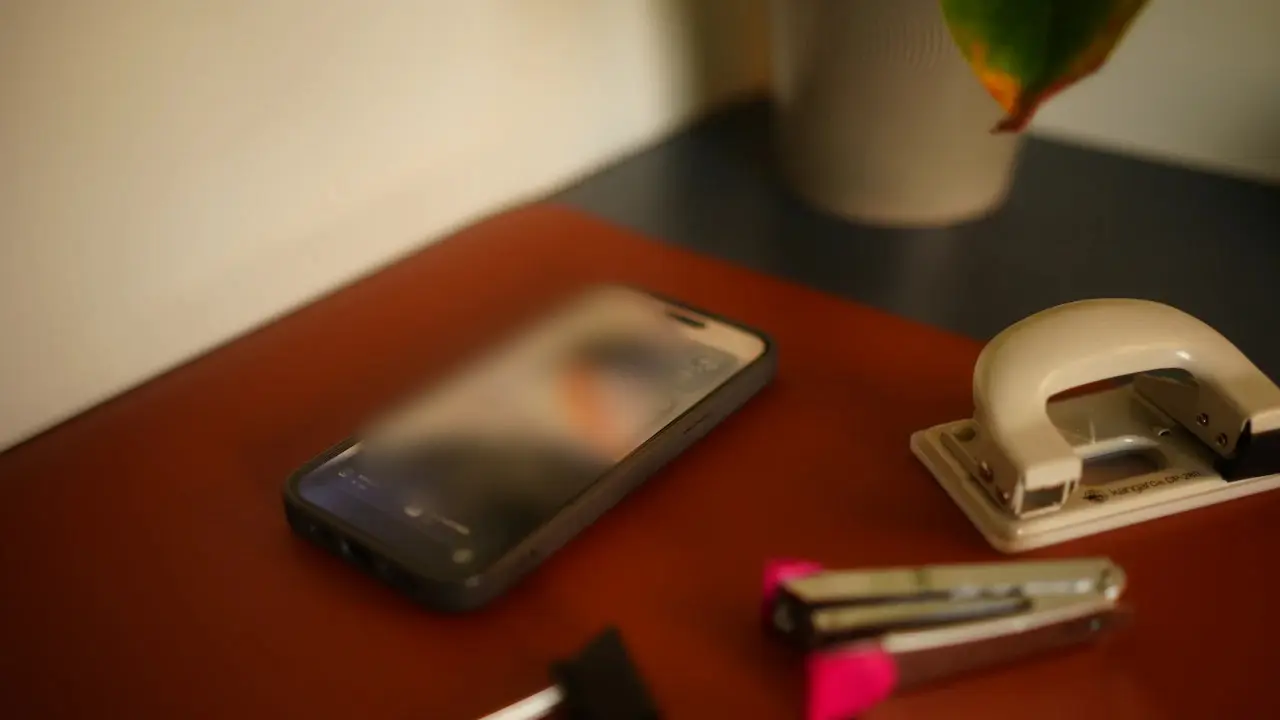 A phone, stapler and hole punch on a red desk.