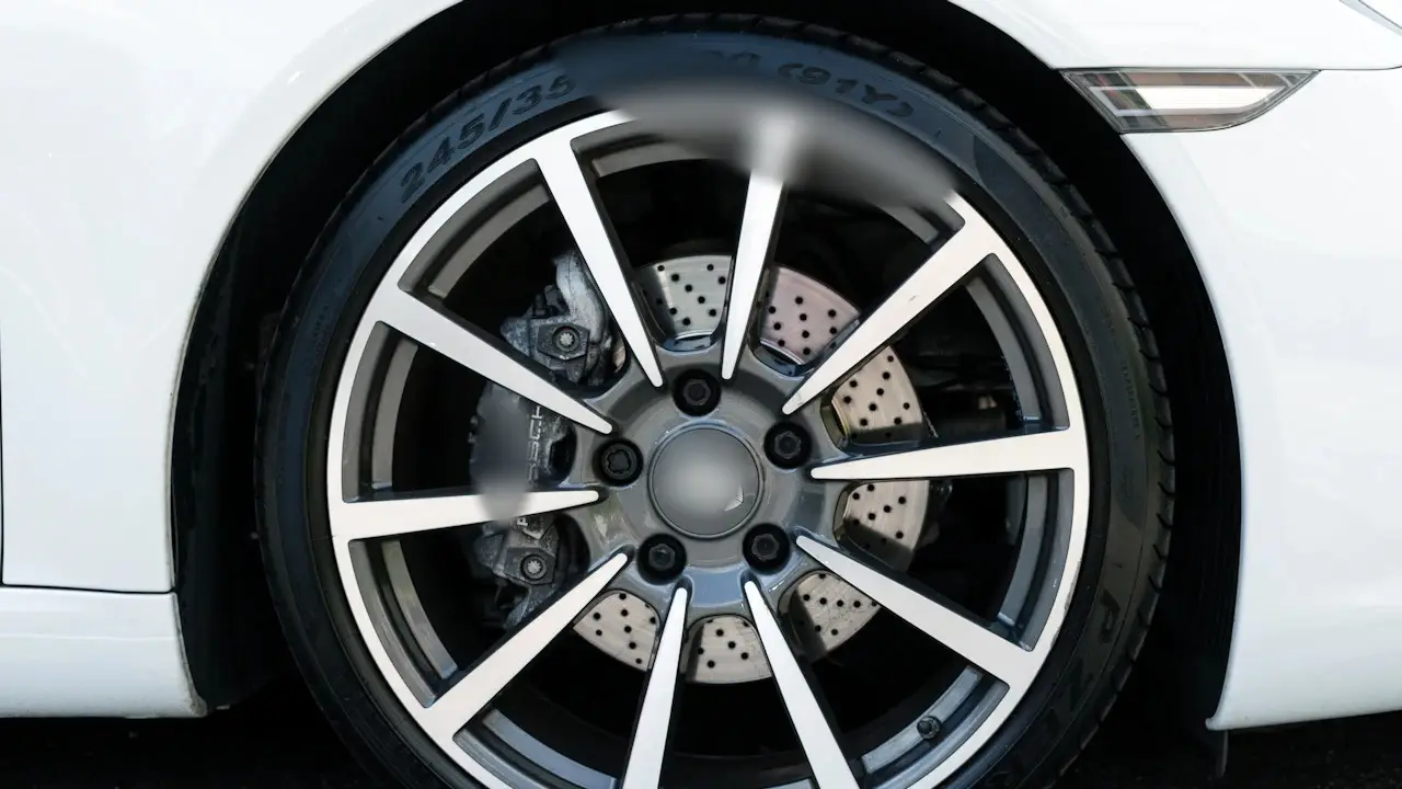 A drilled brake disc and caliper seen through the spokes of an alloy wheel.