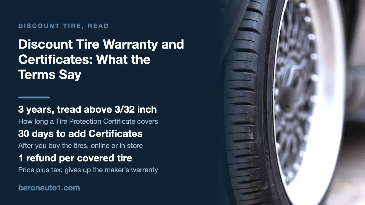 Brand panel beside a car tire's tread and sidewall next to a spoked wheel