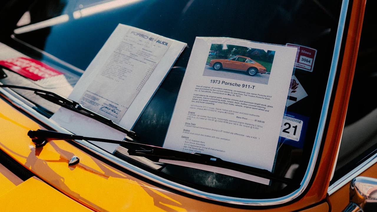 The build sheet and specification card for a 1973 Porsche 911-T laid out on the windscreen of the orange car they describe