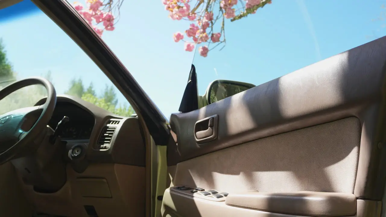 A car’s interior seen through the open driver’s door, with the steering wheel, dashboard and door panel.
