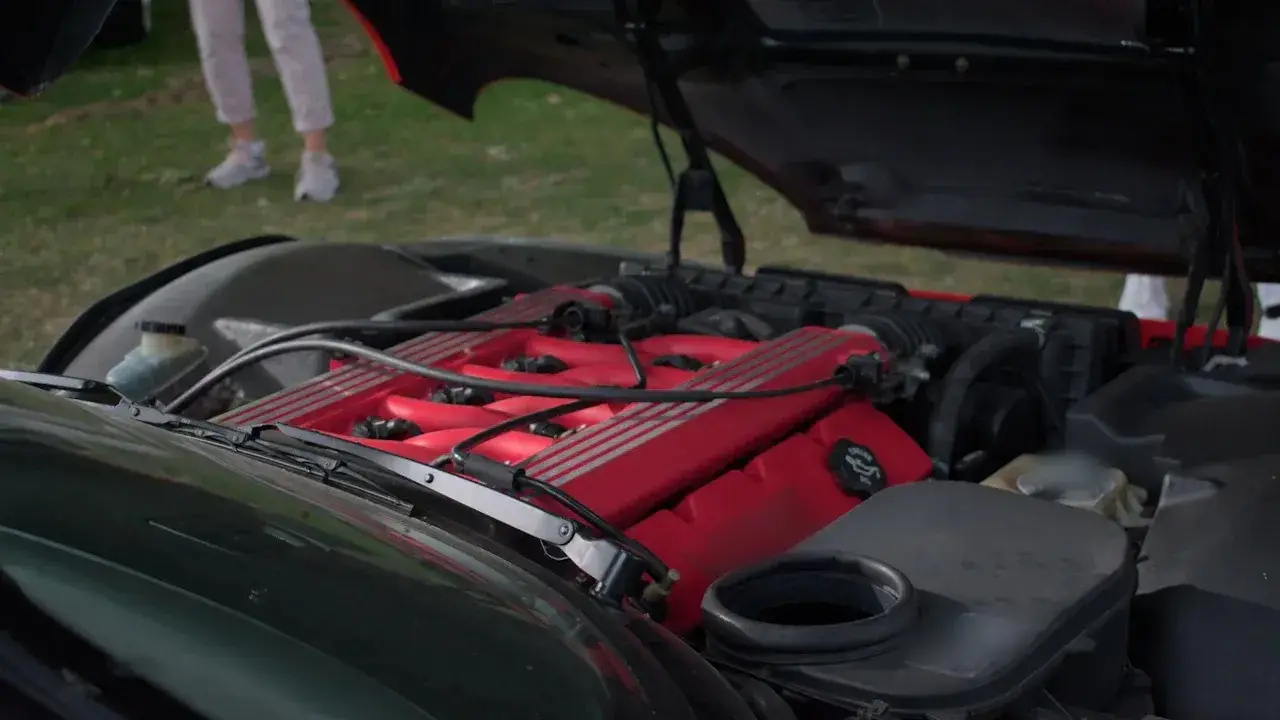 An open engine bay with a long red intake manifold, hoses, the oil filler cap and the coolant reservoir, hood raised.