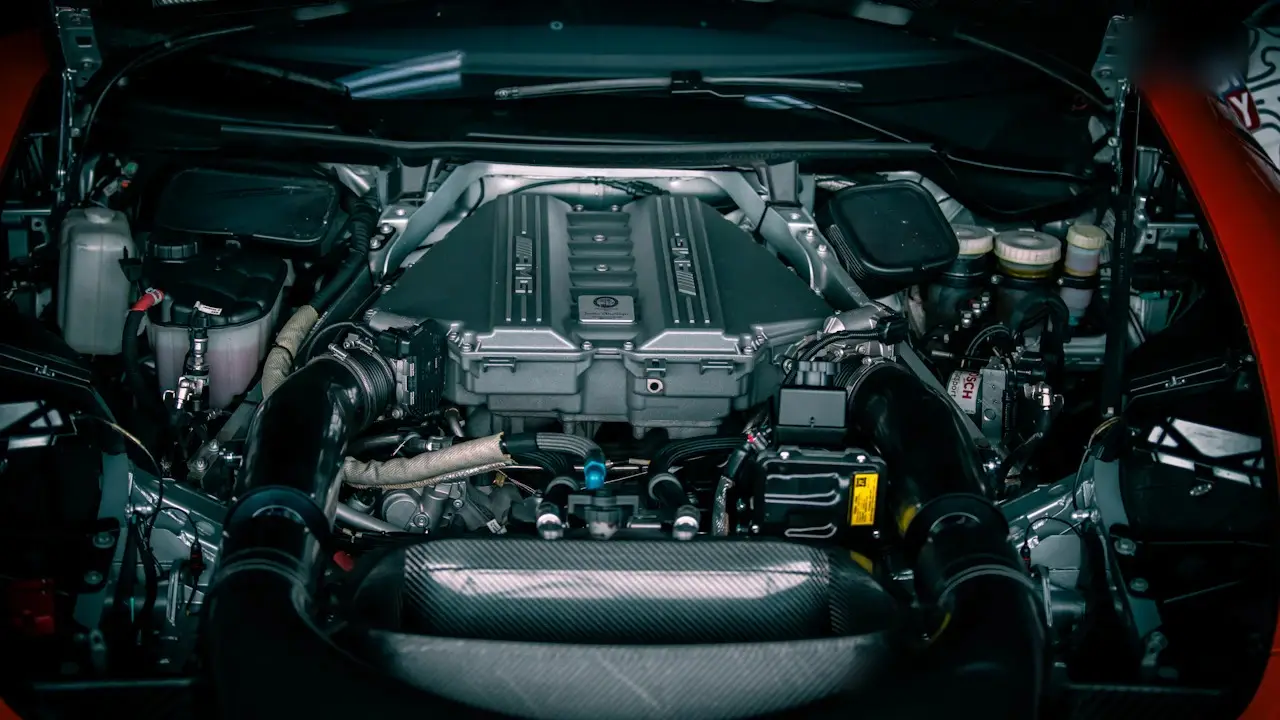 The engine bay of a car with its bonnet open, a V-shaped engine under carbon-fibre covers.