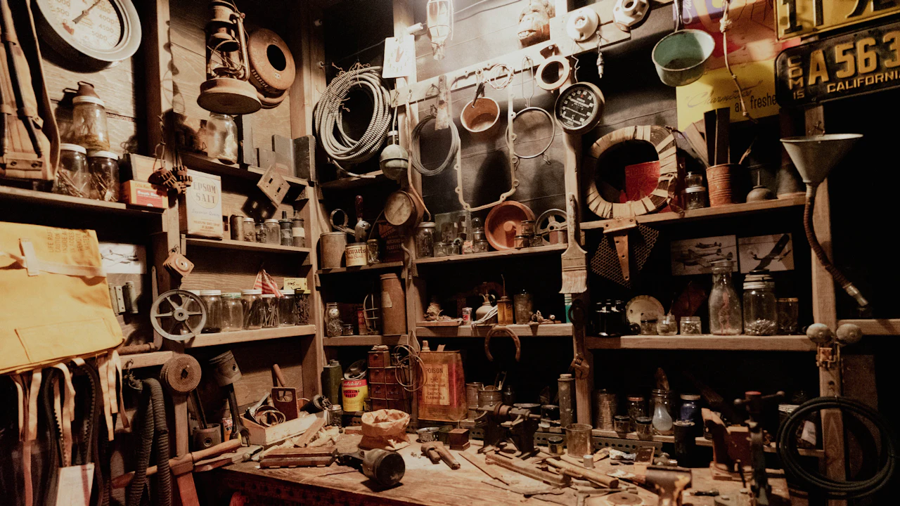 A vintage workshop wall hung with hand tools, jars and salvaged parts