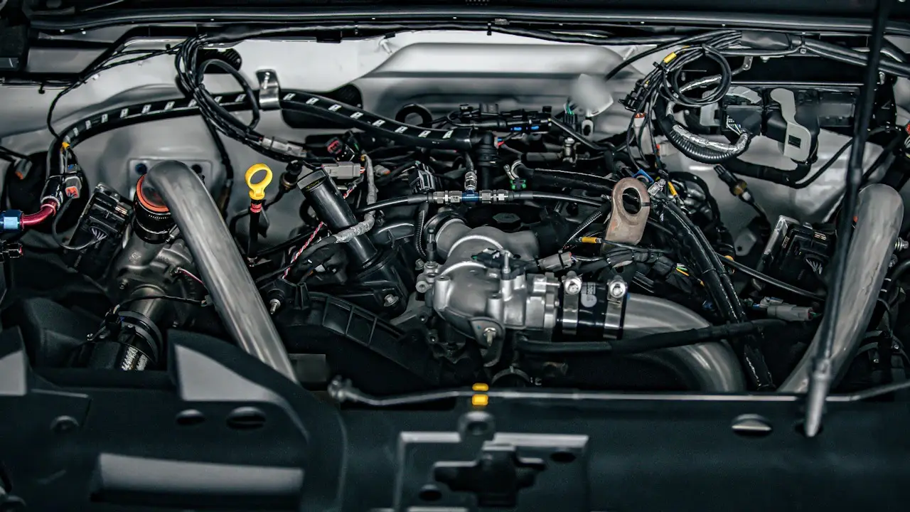 A modern engine bay with the yellow dipstick handle in view.