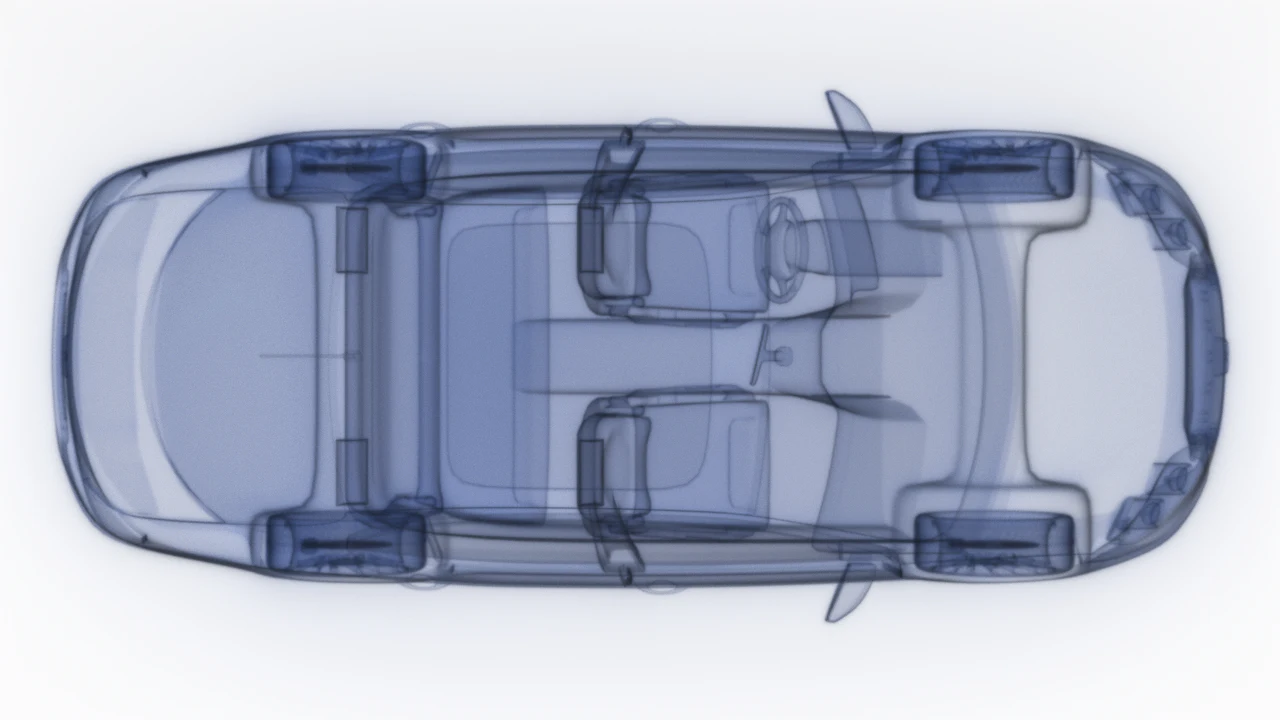 A translucent blue three-dimensional rendering of a four-door car seen from directly above on a white background, front to the right, showing the four wheels, the seats and steering wheel inside the cabin, and the outline of the body shell.