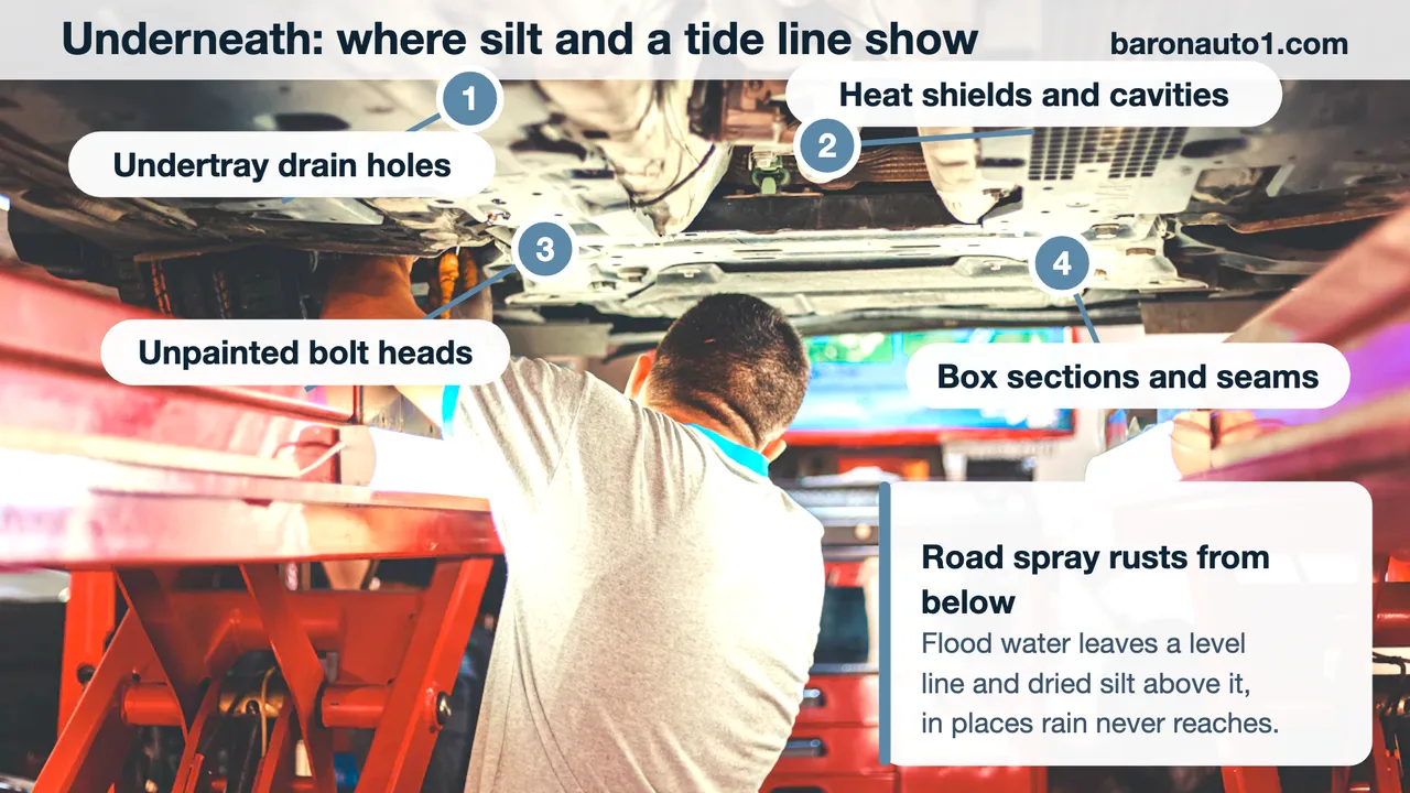 Car on a lift seen from below with four call-outs marking underbody flood tells