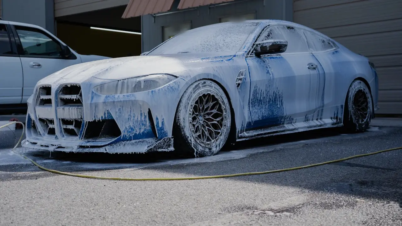 A coupe covered in wash foam in front of a garage.