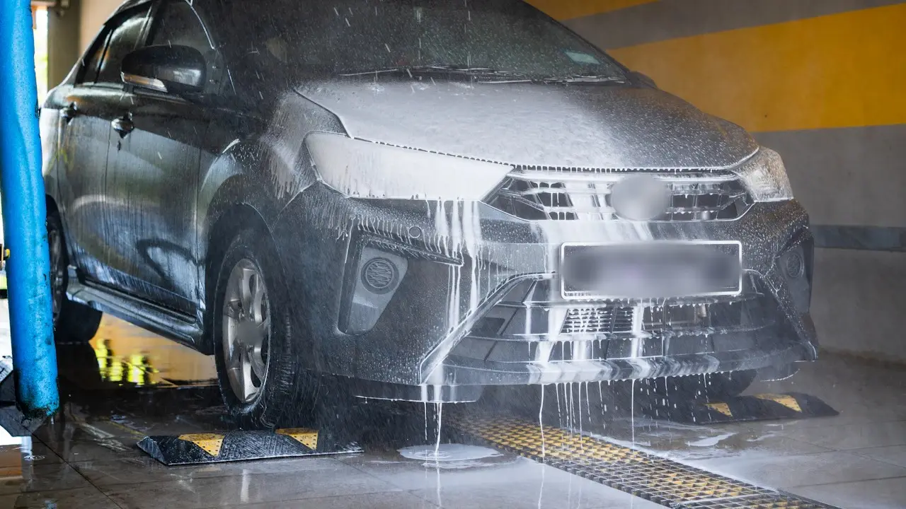 A car covered in foam beside a blue wash brush.
