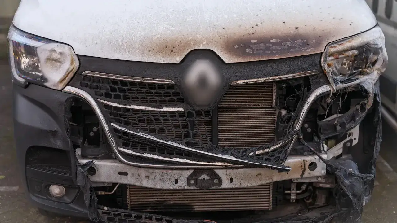 The front of a van after a collision and fire: a crushed grille and bumper beam, a melted headlamp, exposed radiator and scorched bonnet.
