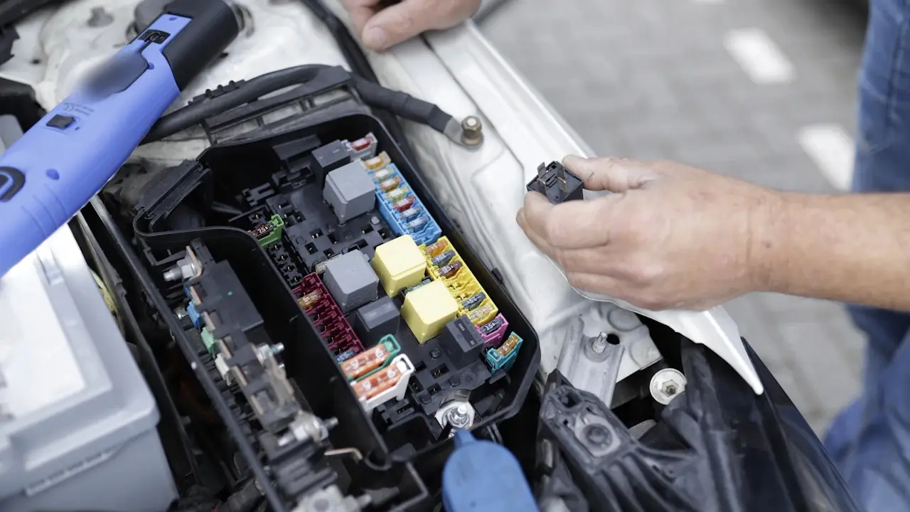 A technician’s hands at an open fuse and relay box under a car’s hood.