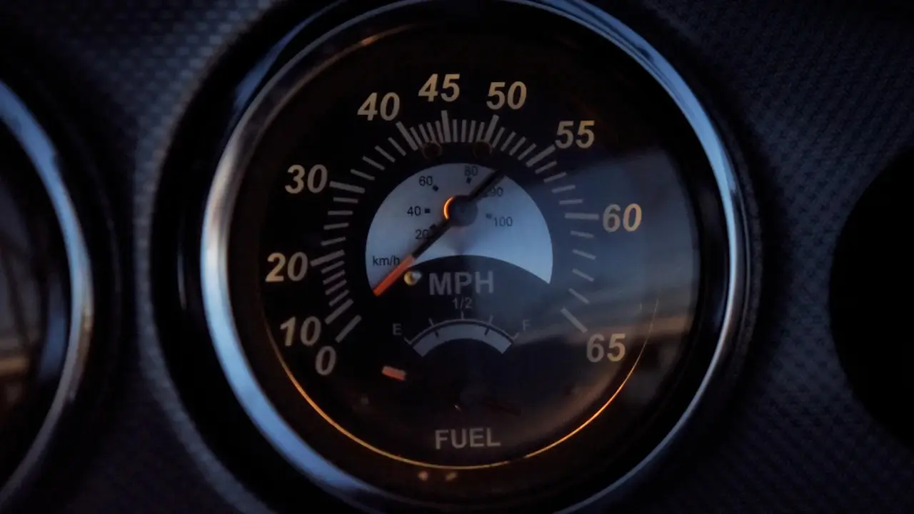 A lit analog speedometer with a fuel gauge below it.