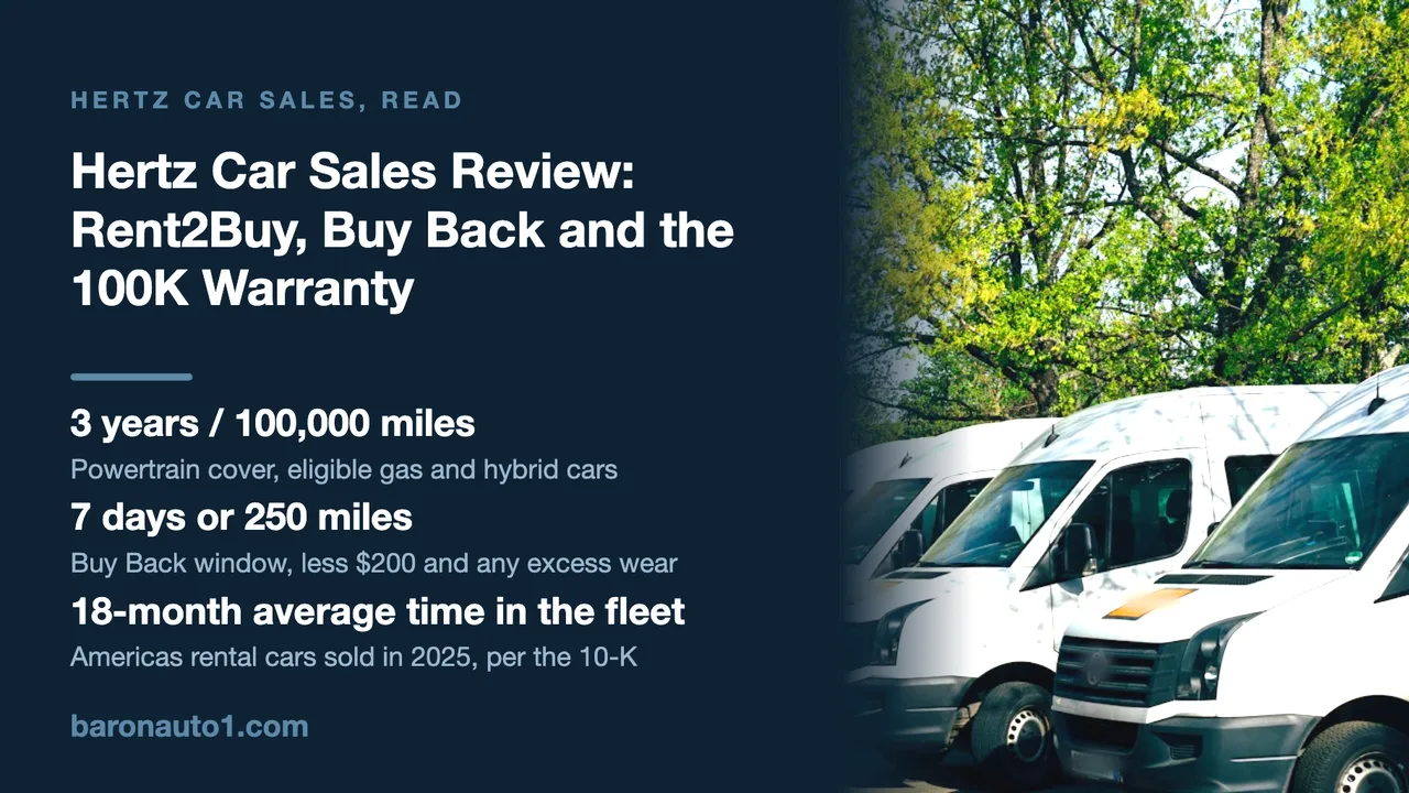 Brand panel beside a long row of white vans parked in a fleet lot under spring trees