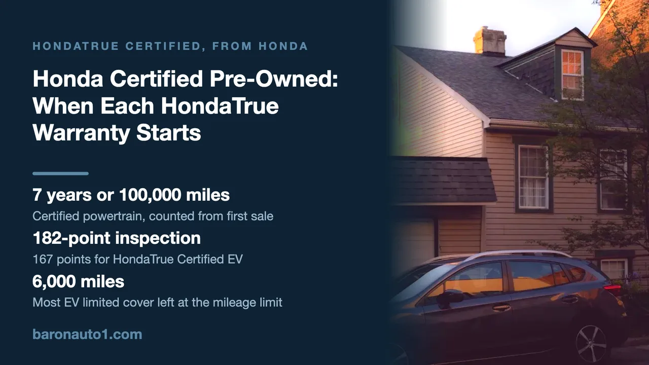 Brand panel beside a crossover parked in front of a clapboard house at dusk